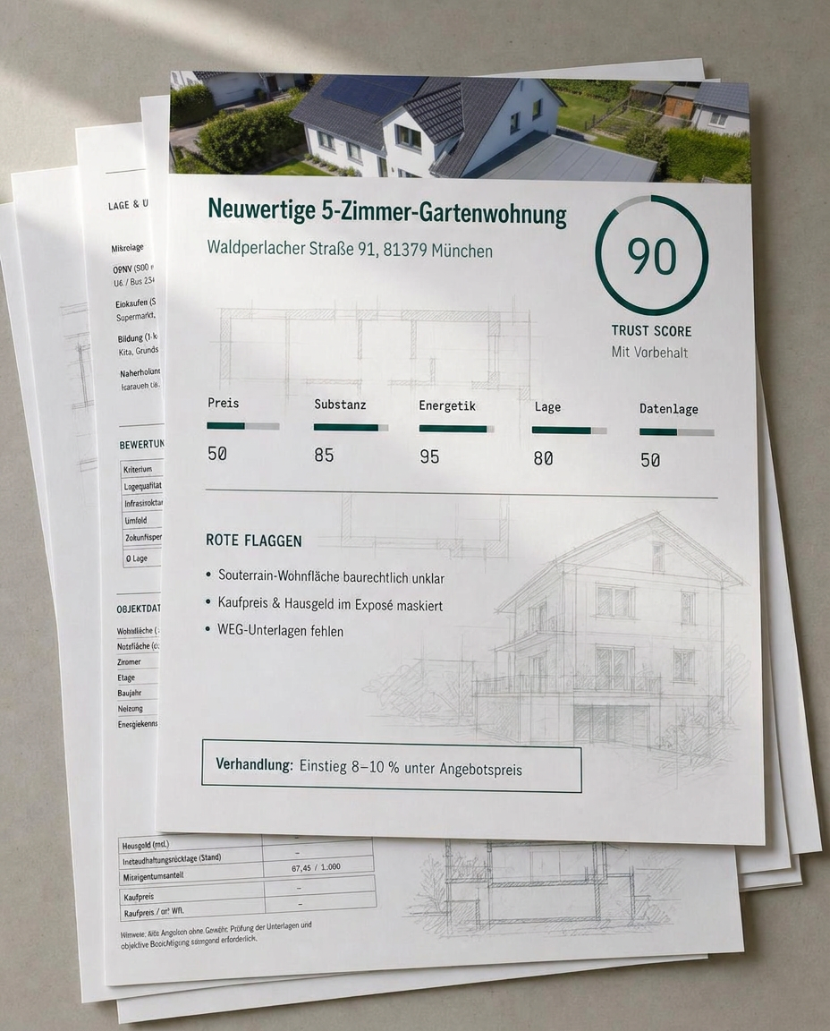 Aufgefächerter Stapel gedruckter Analyseseiten mit angedeuteter Architektenskizze: oberste Seite mit Trust Score 72, Teil-Scores für Preis, Substanz, Energetik, Lage und Datenlage, roten Flaggen und Verhandlungsempfehlung